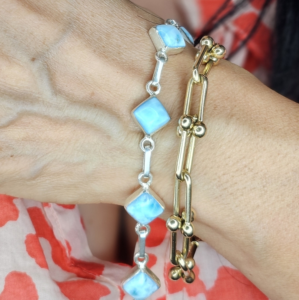 NEW 925 SS AA Grade square Blue Larimar Bracelet. Sized to fit.